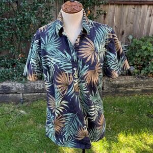Go Barefoot 3-Button Pullover Navy Blue Aloha Hawaiian Shirt Women's Medium USA